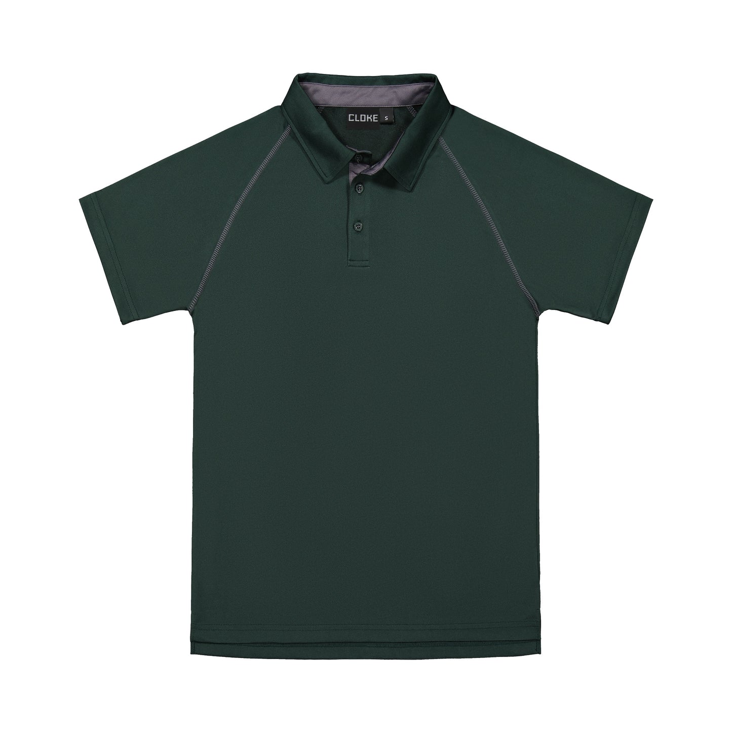 Green polo shirt with black accents on a white background