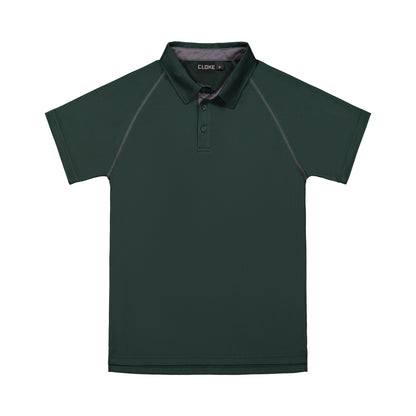 Green polo shirt with black accents on a white background