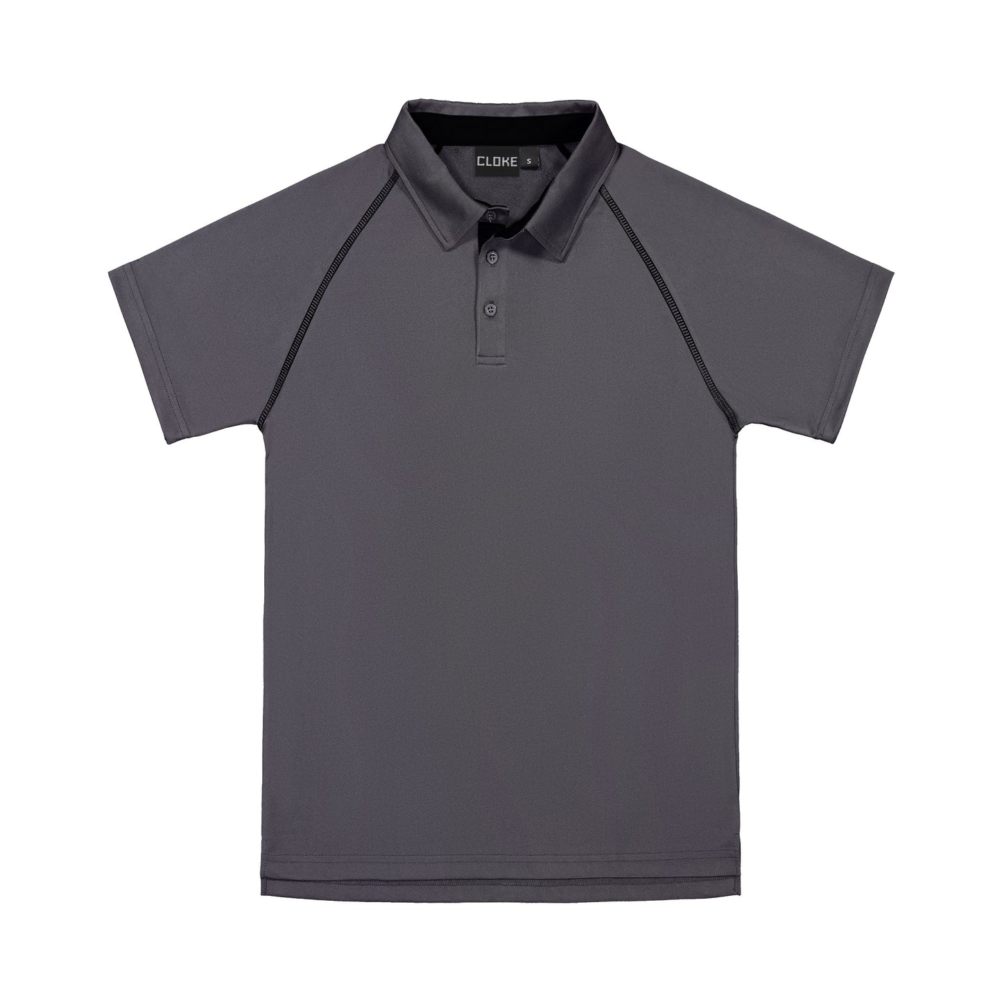 Gray polo shirt with black accents on a white background