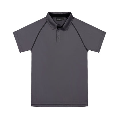 Gray polo shirt with black accents on a white background