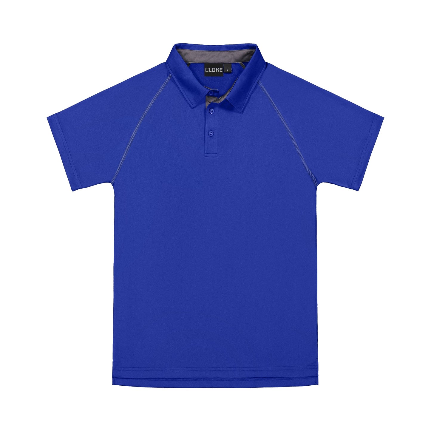 Blue polo shirt with gray accents on a white background