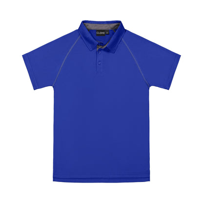 Blue polo shirt with gray accents on a white background