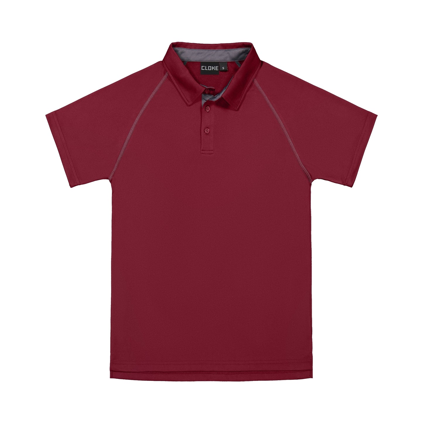 Red polo shirt with gray accents on a white background