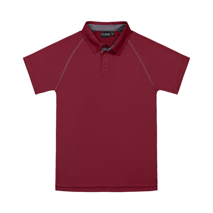 Red polo shirt with gray accents on a white background