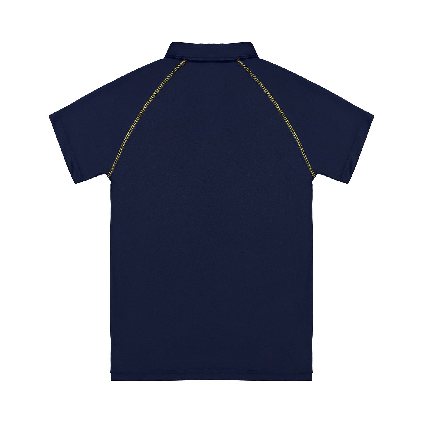 Navy blue polo shirt with yellow accents on a white background