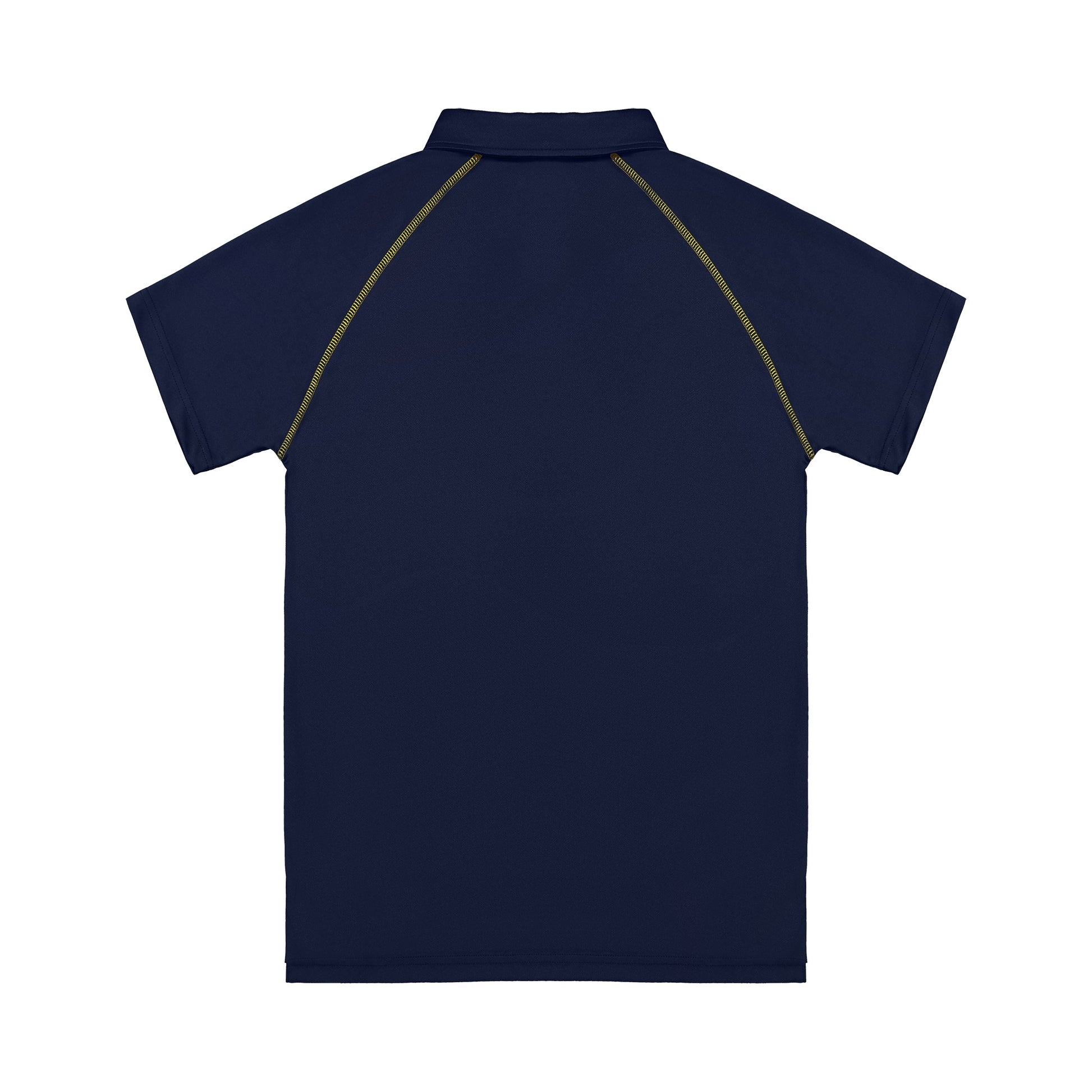 Navy blue polo shirt with yellow accents on a white background