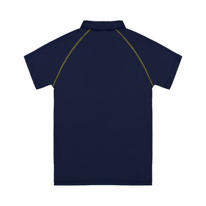 Navy blue polo shirt with yellow accents on a white background