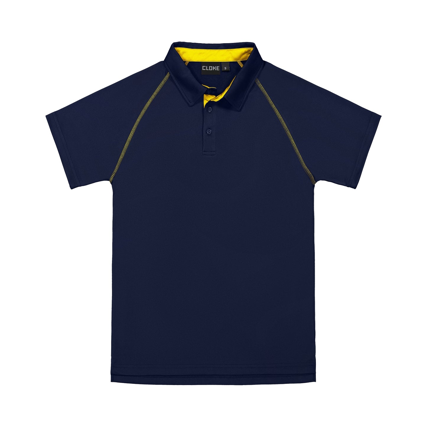 Navy blue polo shirt with yellow accents on a white background