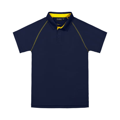Navy blue polo shirt with yellow accents on a white background
