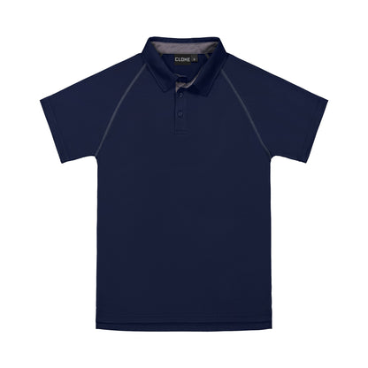 Navy blue polo shirt with a collar on a white background
