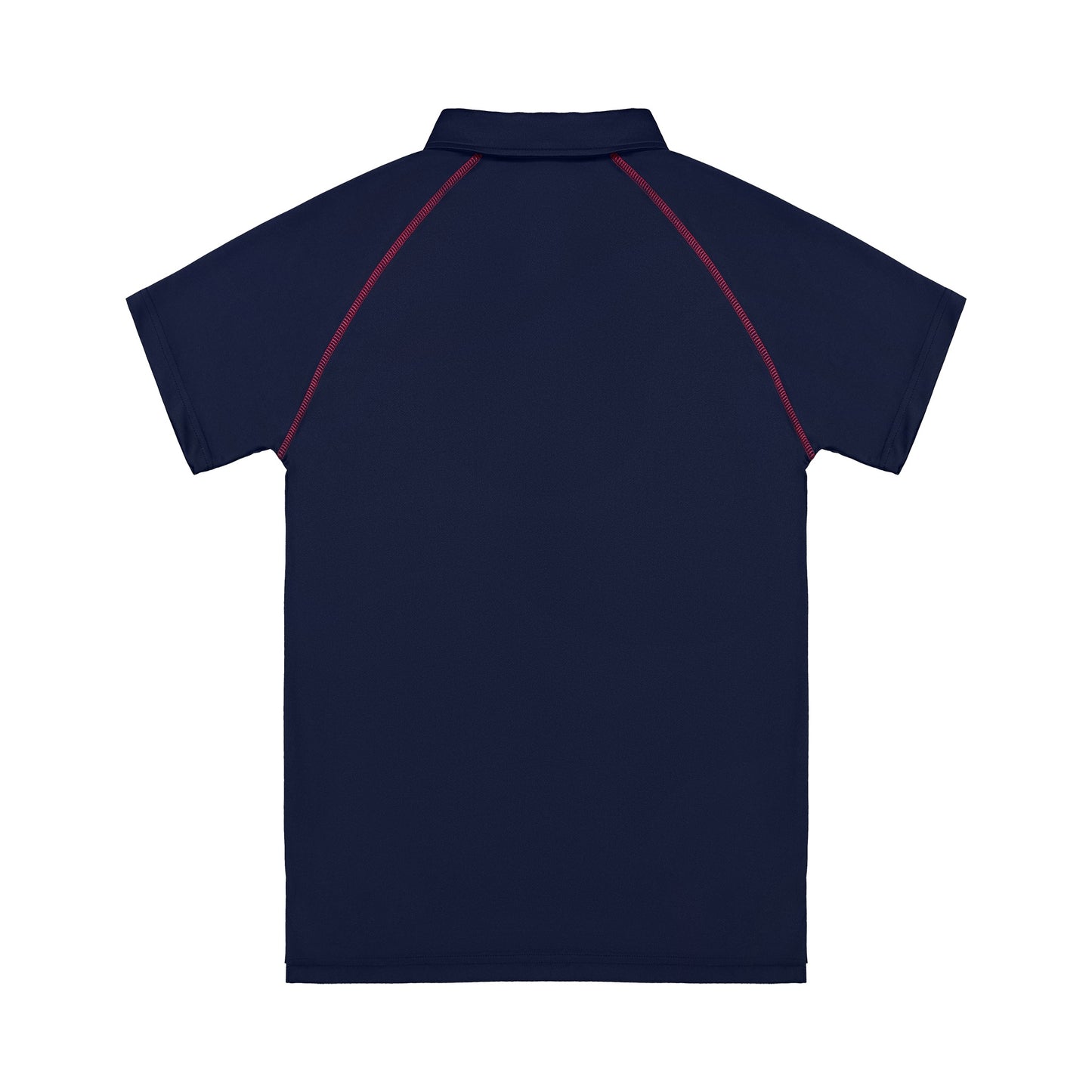 Navy blue polo shirt with red accents on a white background