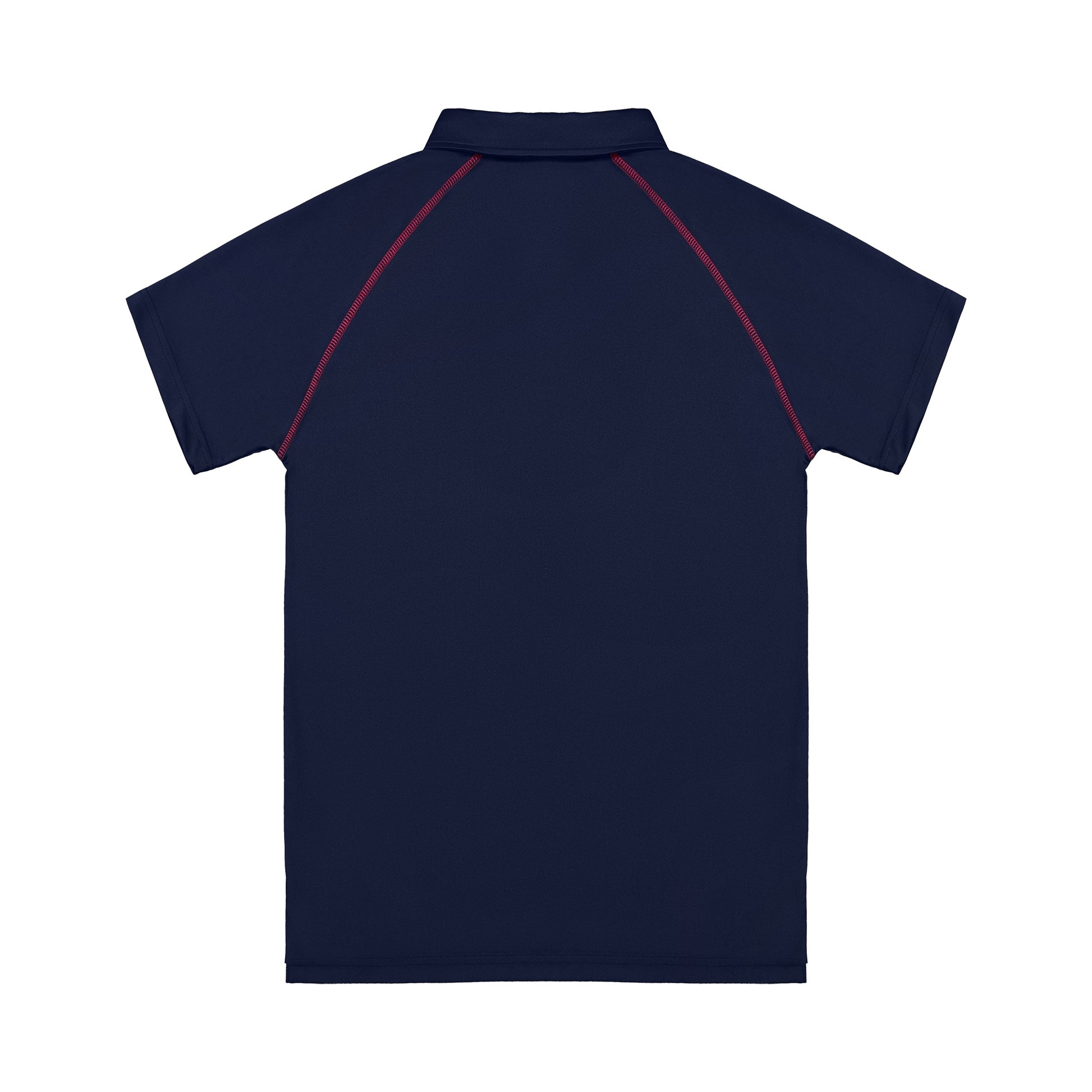 Navy blue polo shirt with red accents on a white background