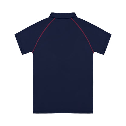 Navy blue polo shirt with red accents on a white background