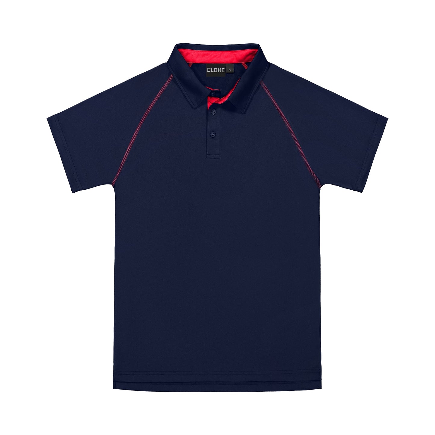 Navy blue polo shirt with red accents on a white background