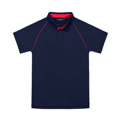 Navy blue polo shirt with red accents on a white background