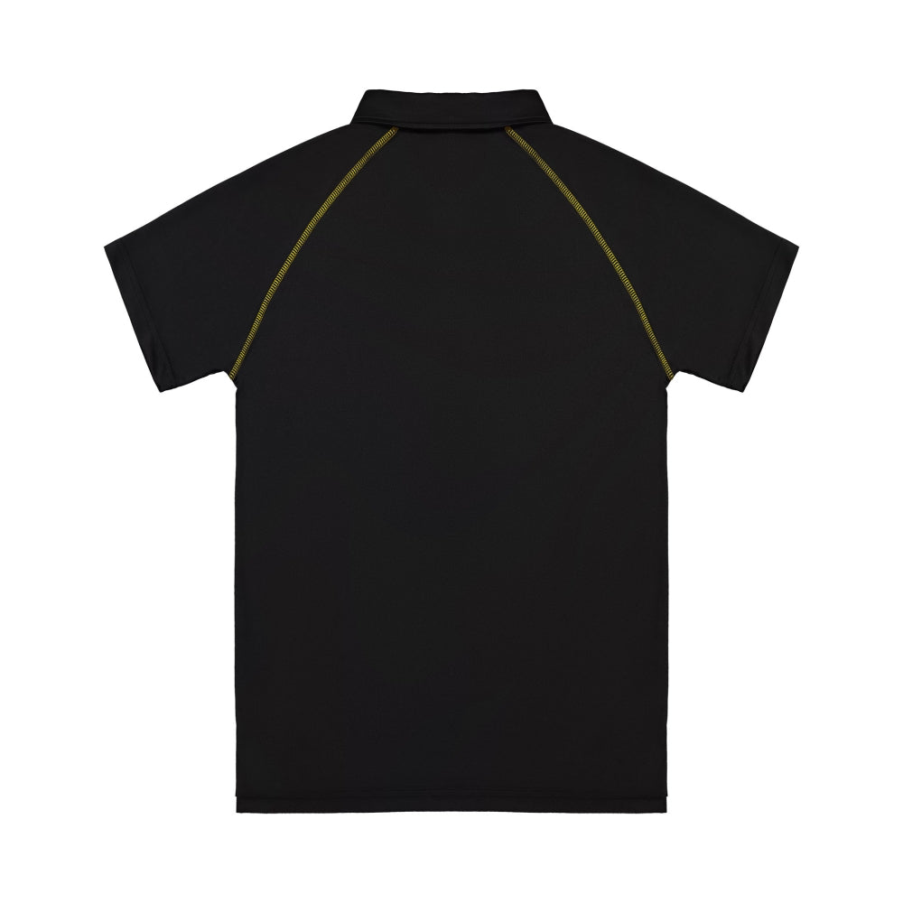 Black polo shirt with yellow accents on a white background