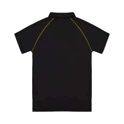Black polo shirt with yellow accents on a white background