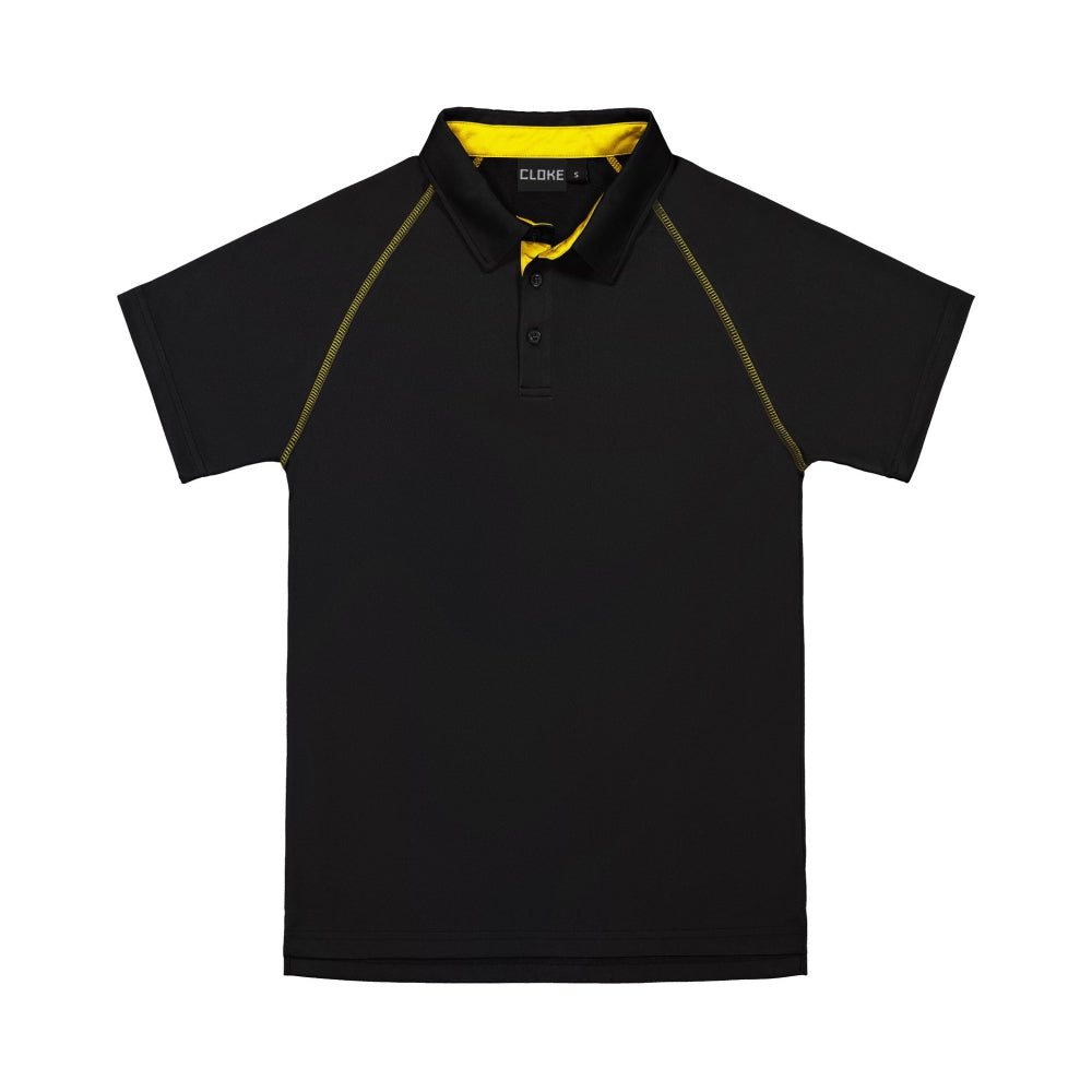 Black polo shirt with yellow accents on a white background