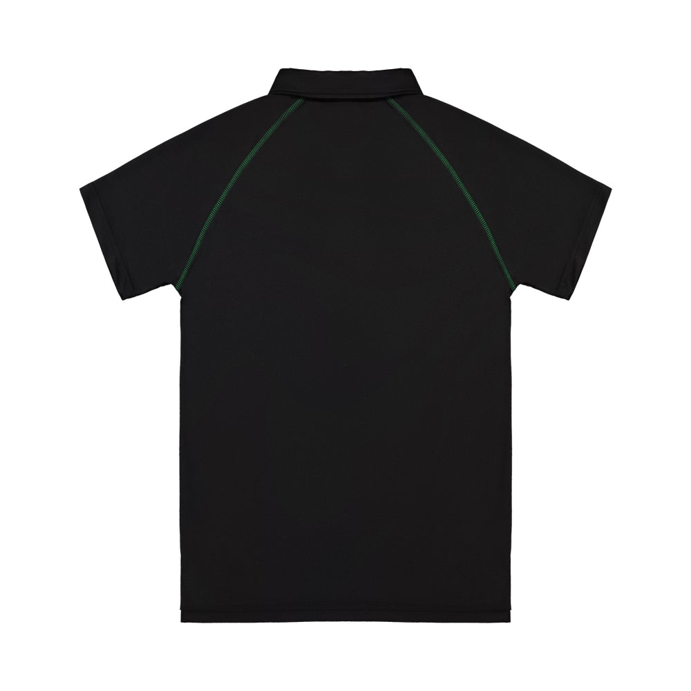 Black polo shirt with green accents on a white background