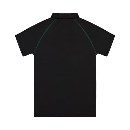 Black polo shirt with green accents on a white background