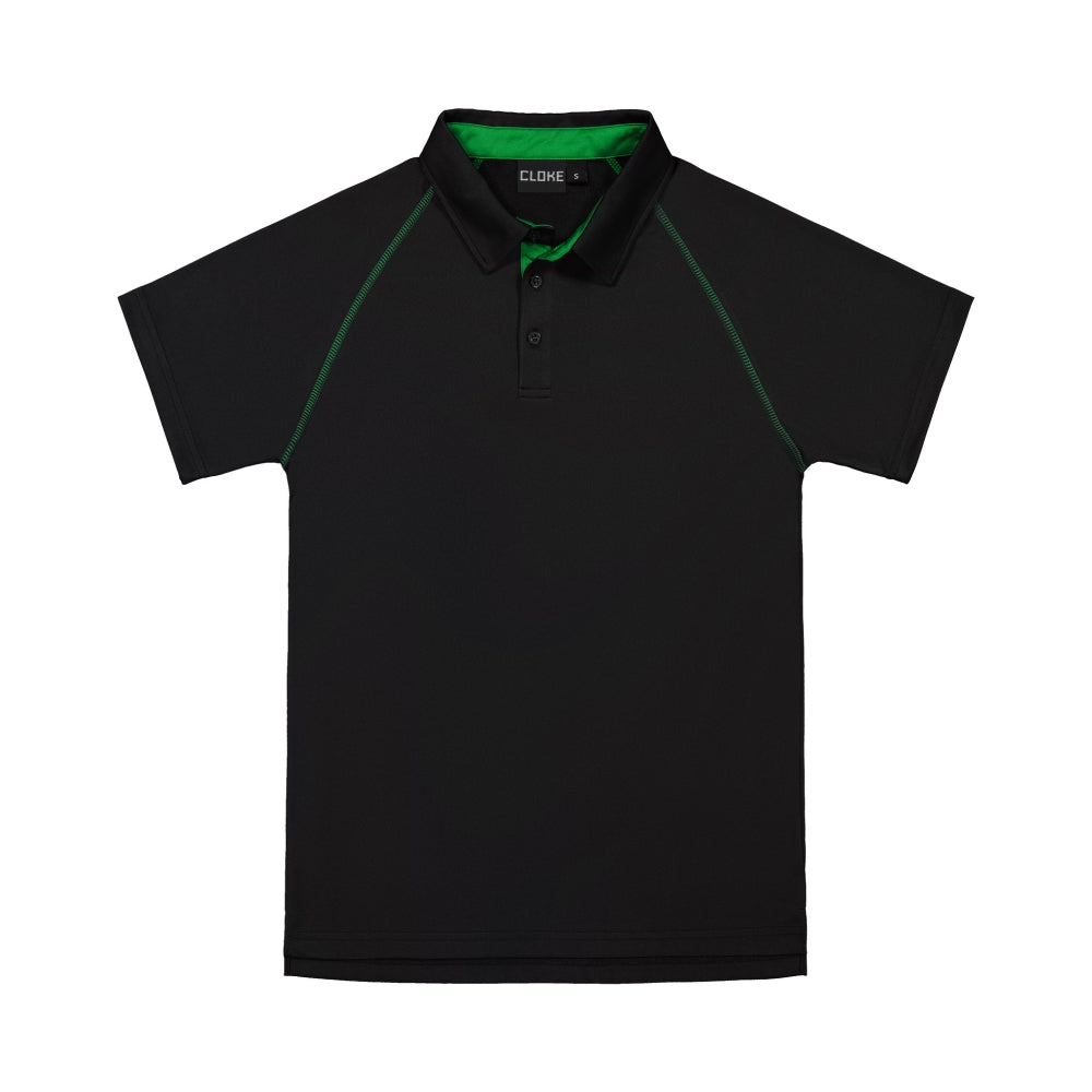 Black polo shirt with green accents on a white background