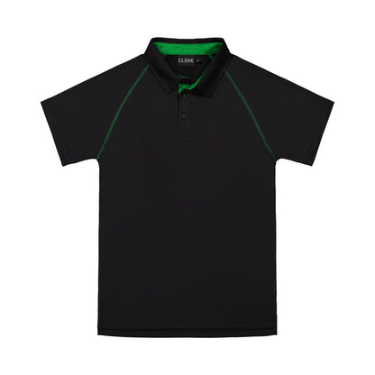 Black polo shirt with green accents on a white background