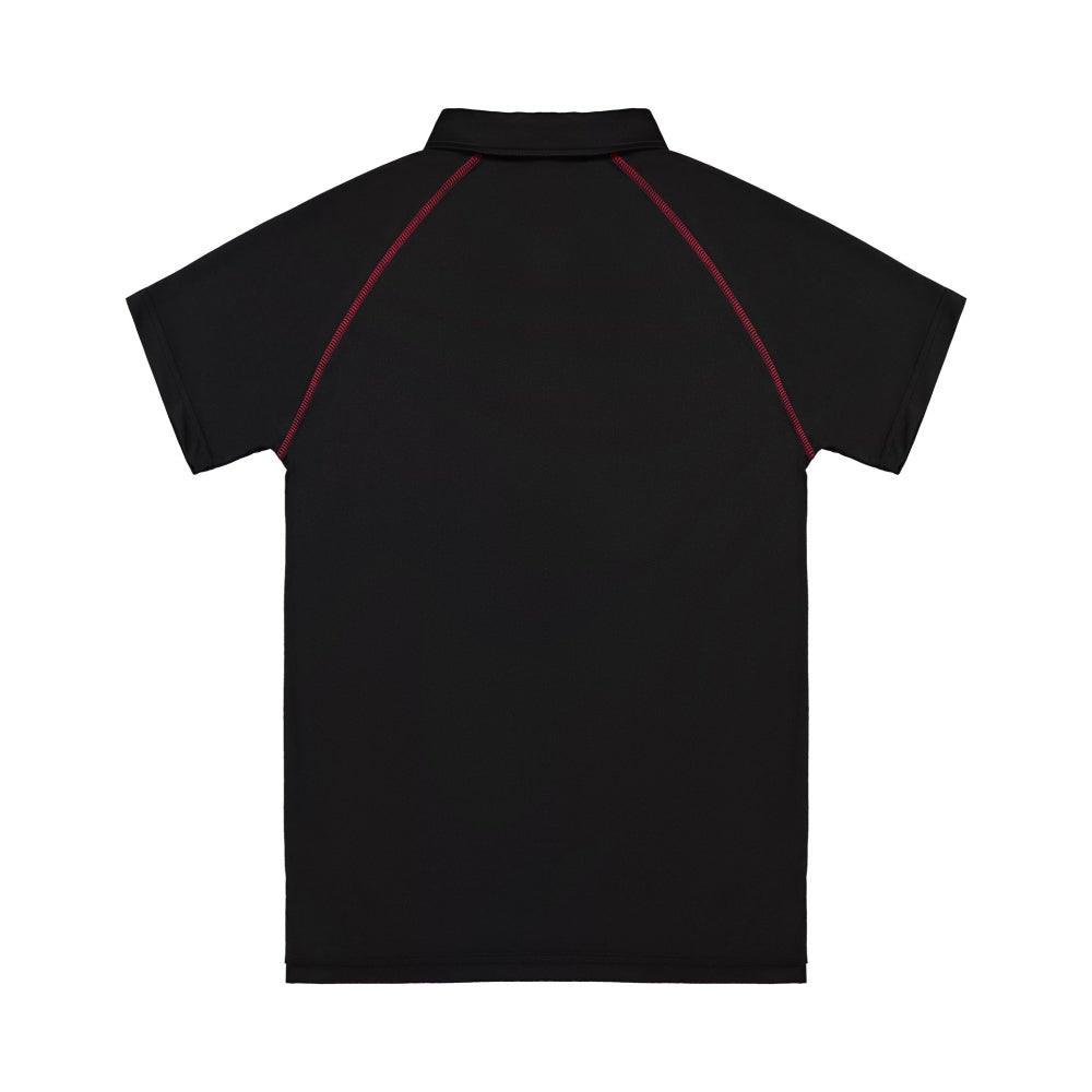 Black polo shirt with red accents on a white background