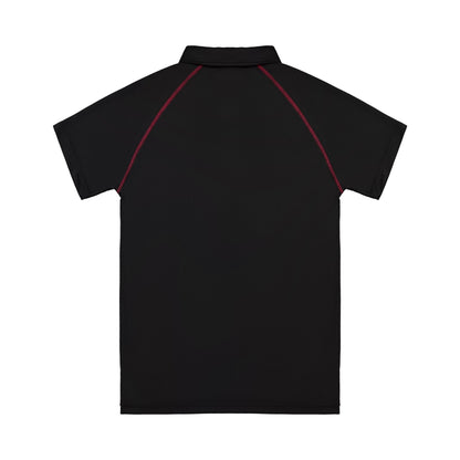 Black polo shirt with red accents on a white background