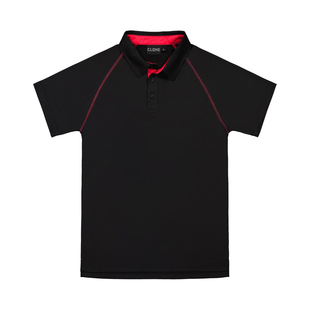 Black polo shirt with red accents on a white background