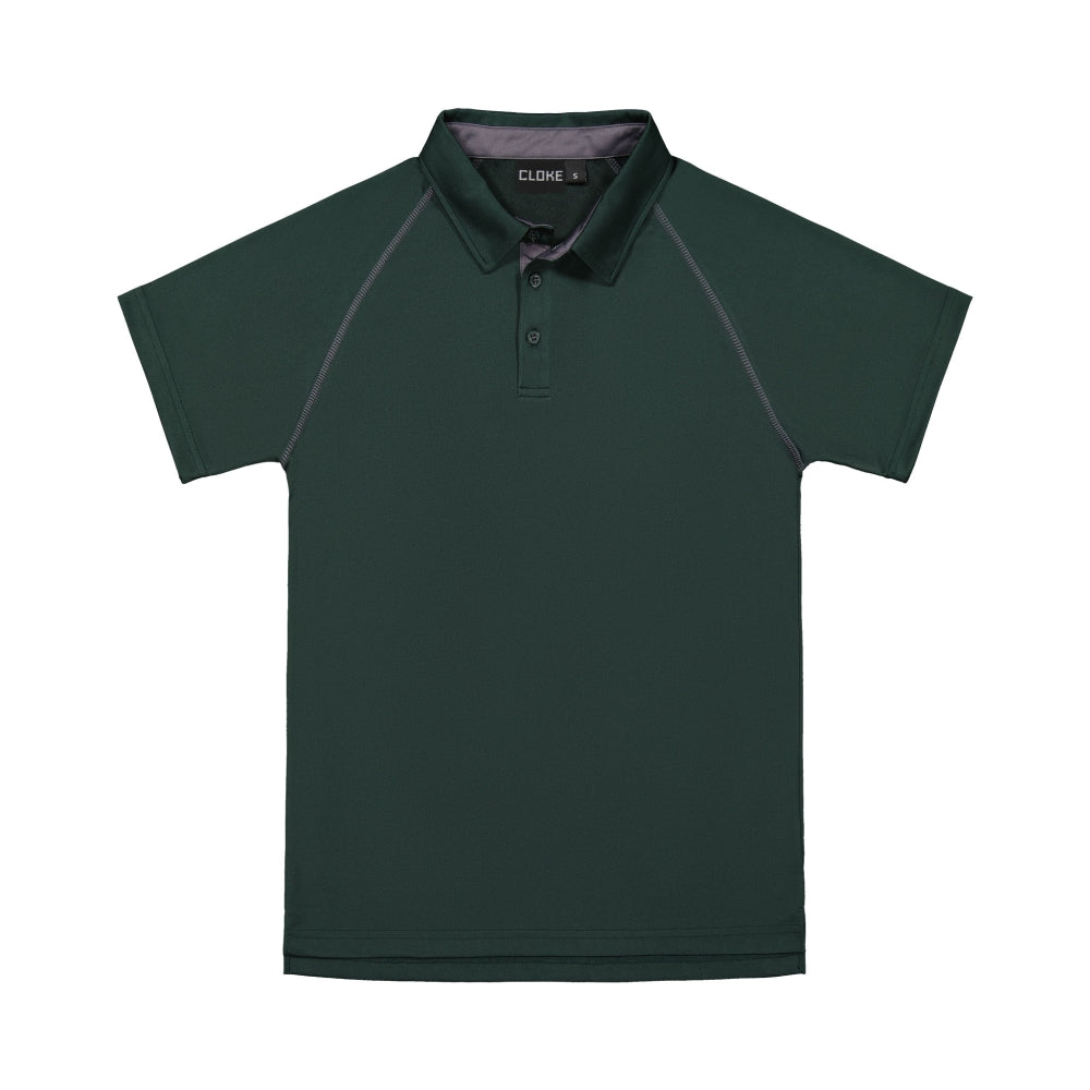 Green polo shirt with black accents on a white background