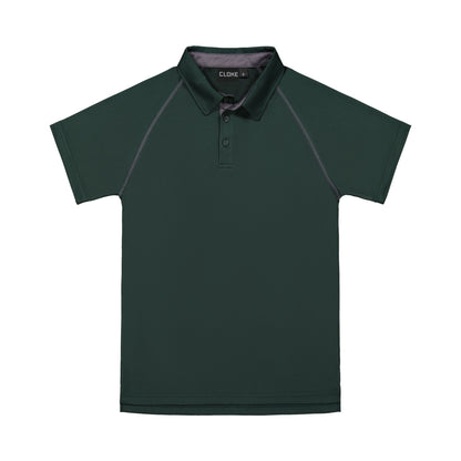 Green polo shirt with black accents on a white background
