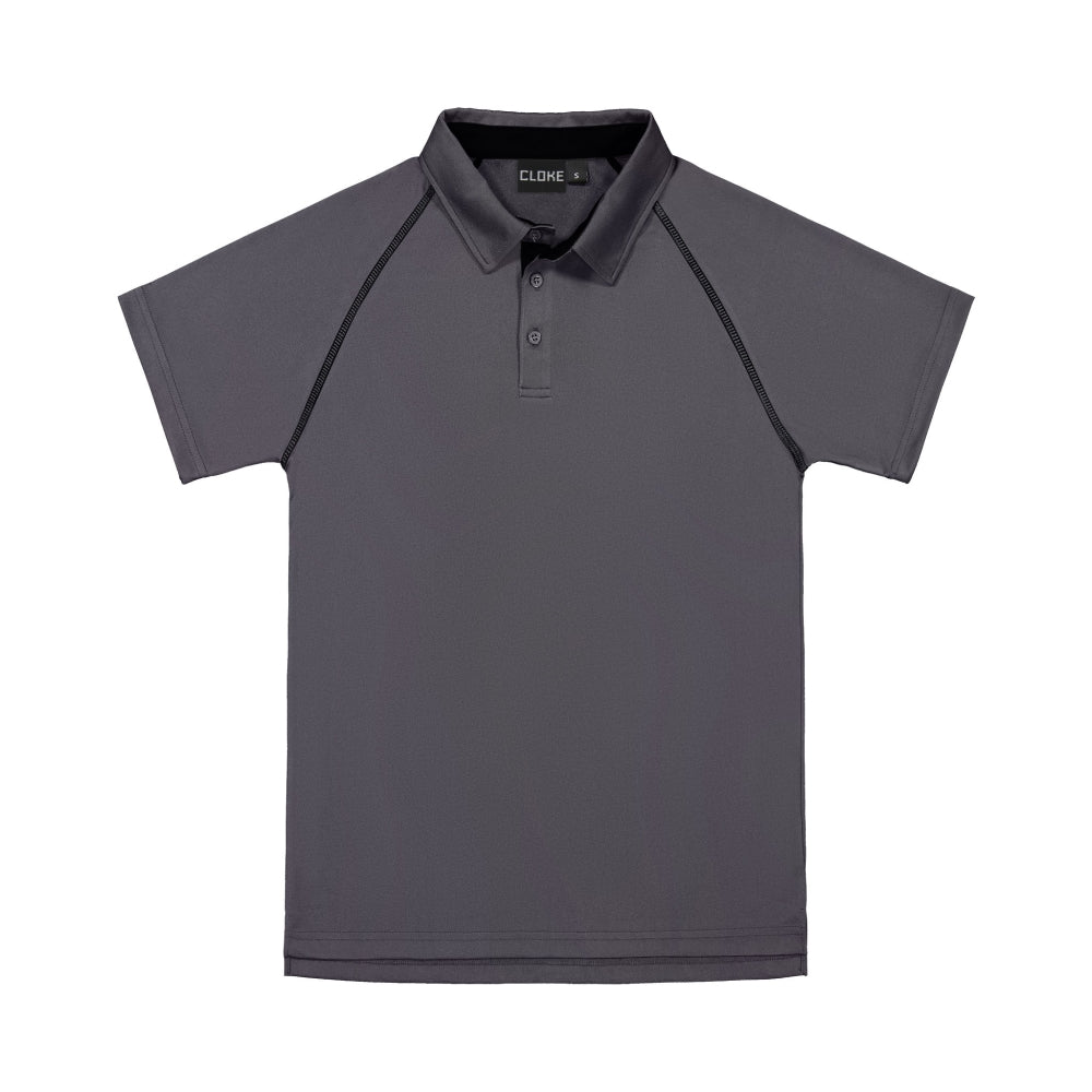Gray polo shirt with black accents on a white background
