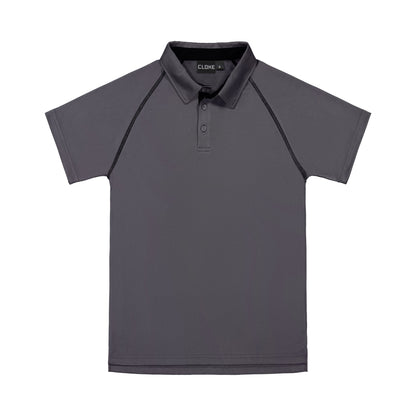 Gray polo shirt with black accents on a white background
