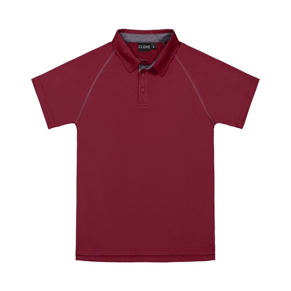 Red polo shirt with gray accents on a white background