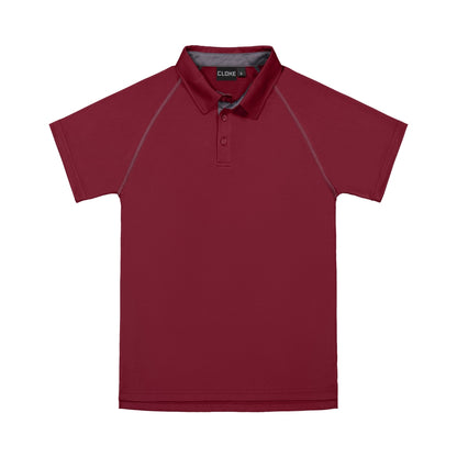 Red polo shirt with gray accents on a white background