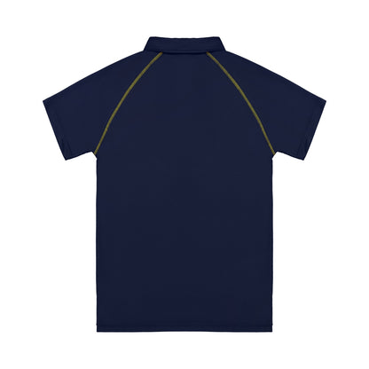 Navy blue polo shirt with yellow accents on a white background
