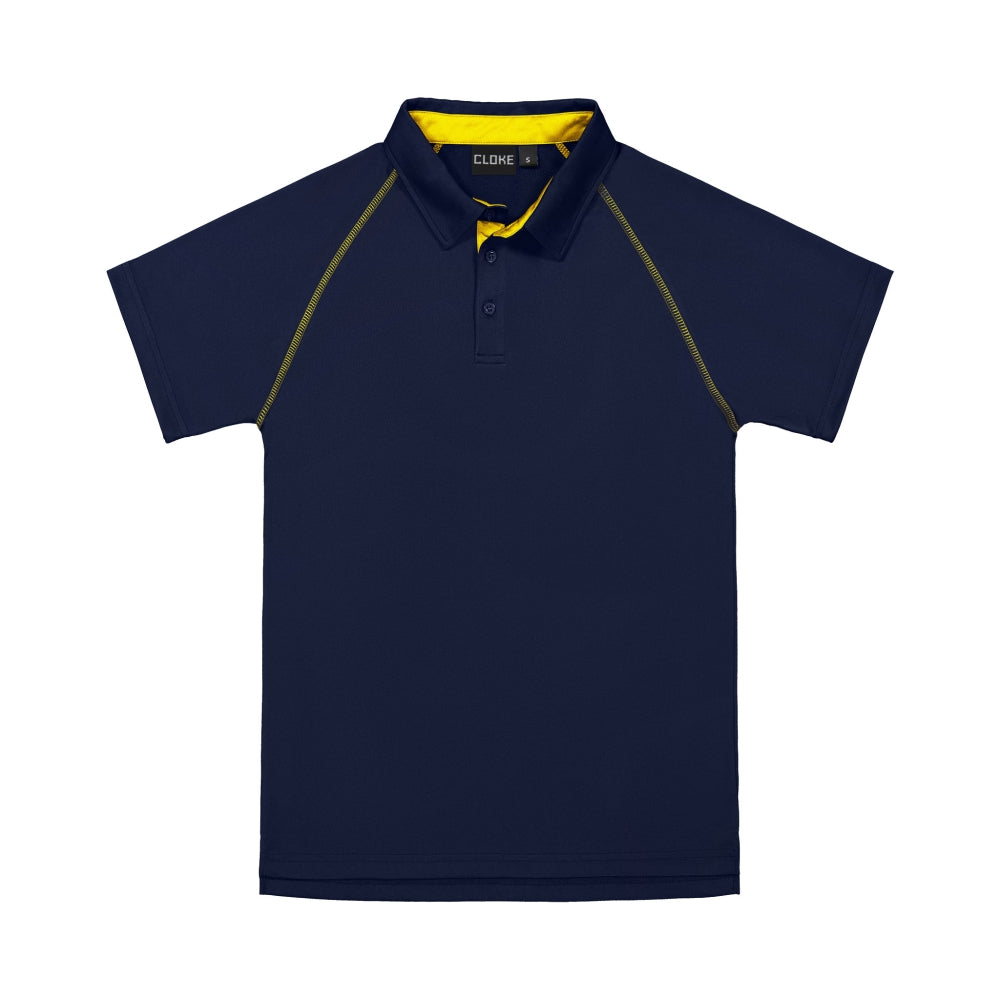 Navy blue polo shirt with yellow accents on a white background