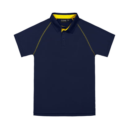 Navy blue polo shirt with yellow accents on a white background