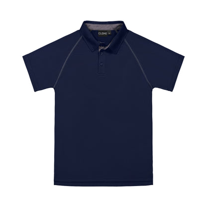 Navy blue polo shirt with a collar on a white background