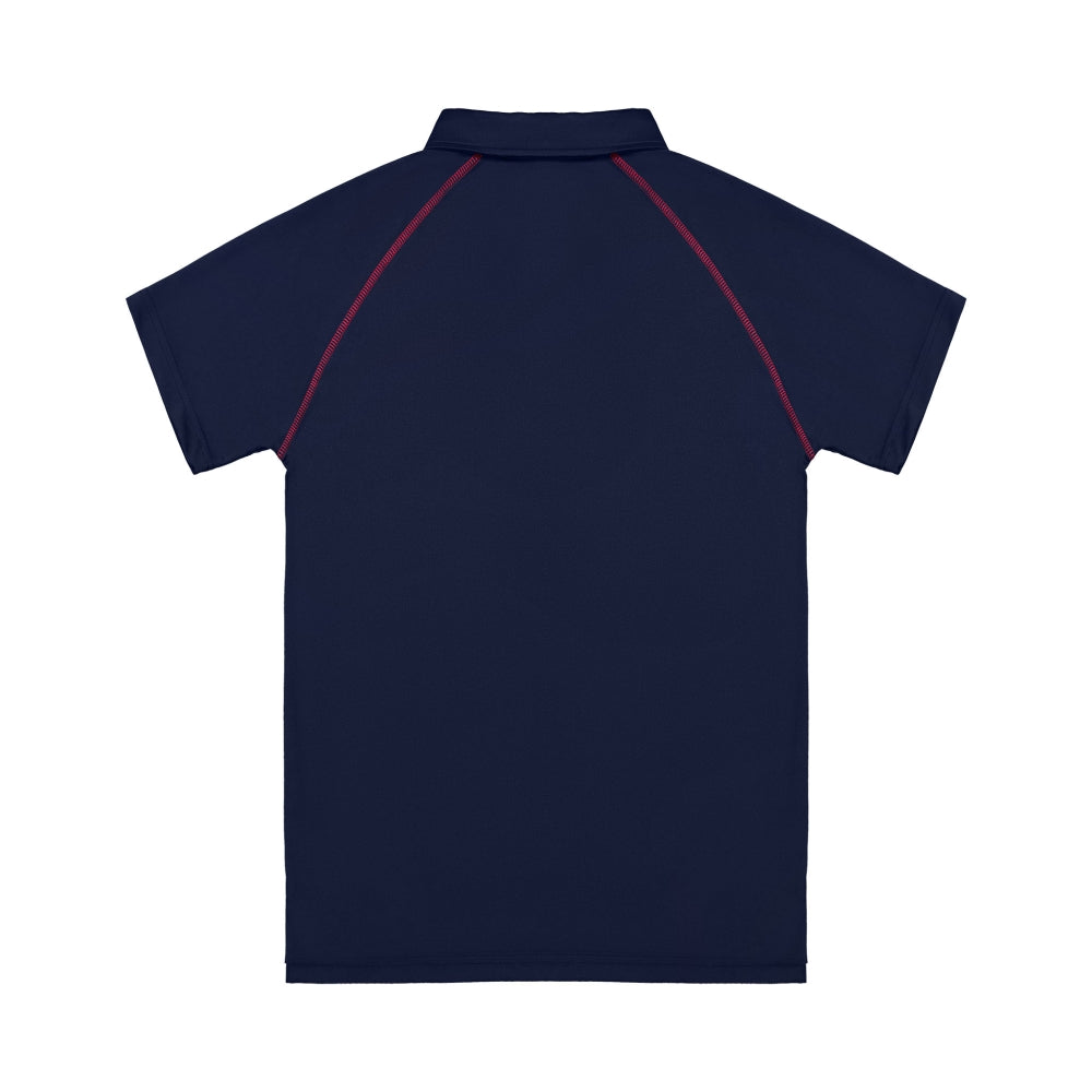 Navy blue polo shirt with red accents on a white background