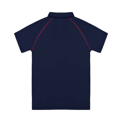Navy blue polo shirt with red accents on a white background