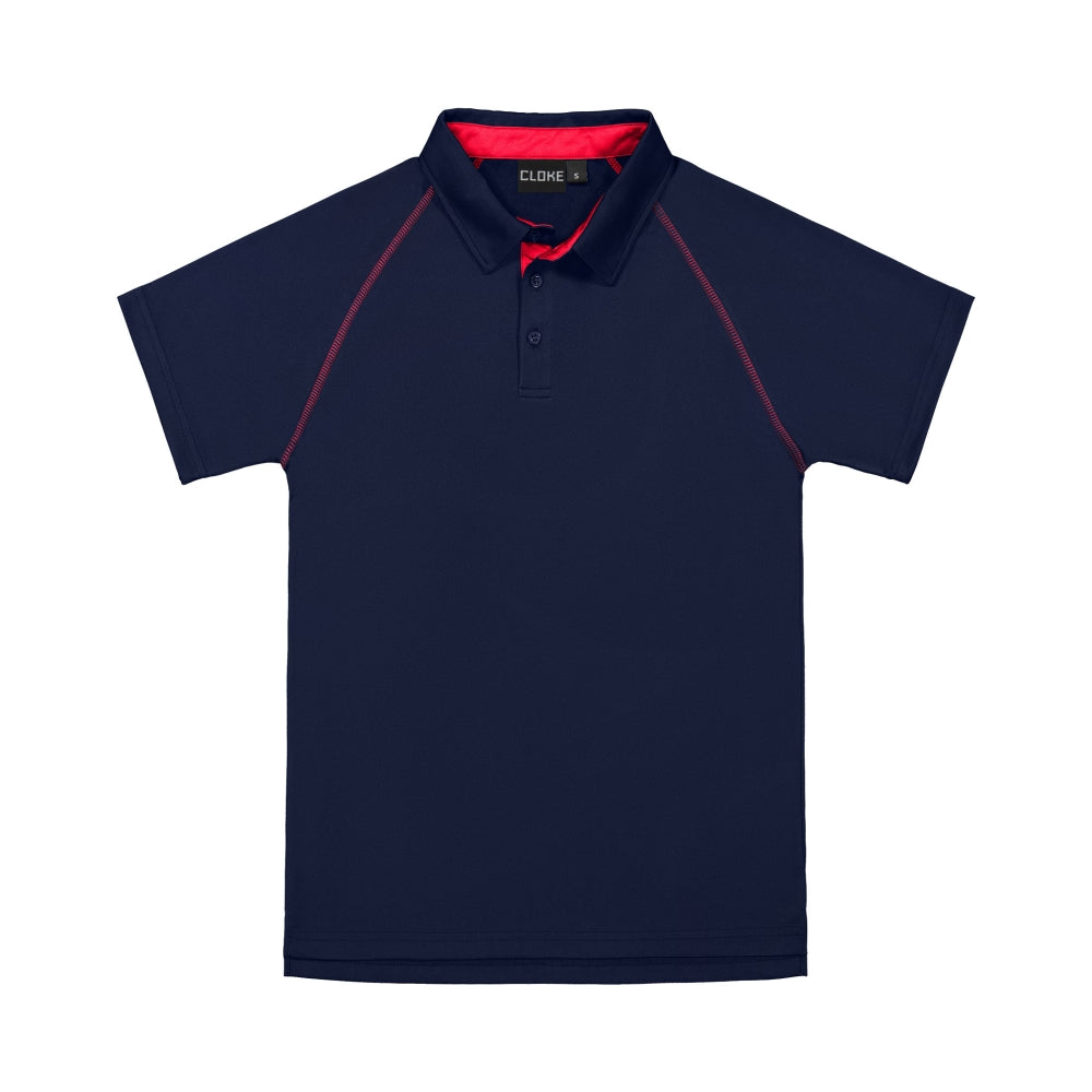 Navy blue polo shirt with red accents on a white background