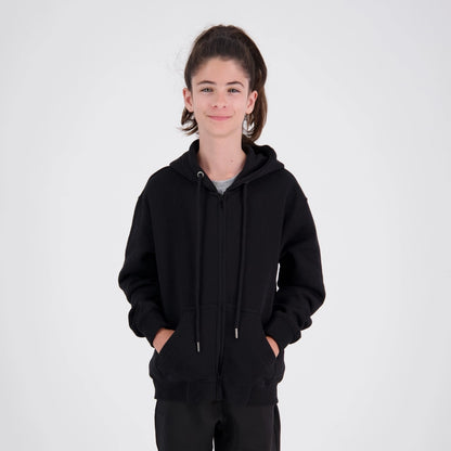 Person wearing a black hoodie on a white background
