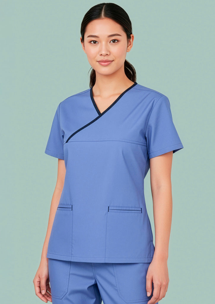 Biz Collection Womens Contrast Scrub Top - Mid Blue/Navy