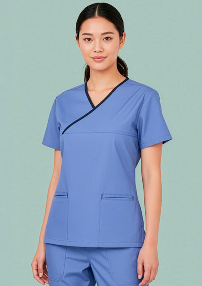Biz Collection Womens Contrast Scrub Top - Mid Blue/Navy