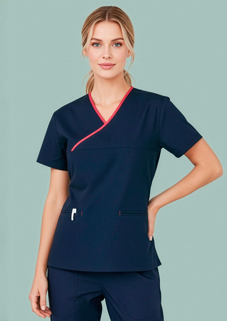 Biz Collection Womens Contrast Scrub Top - Navy/Fuchsia