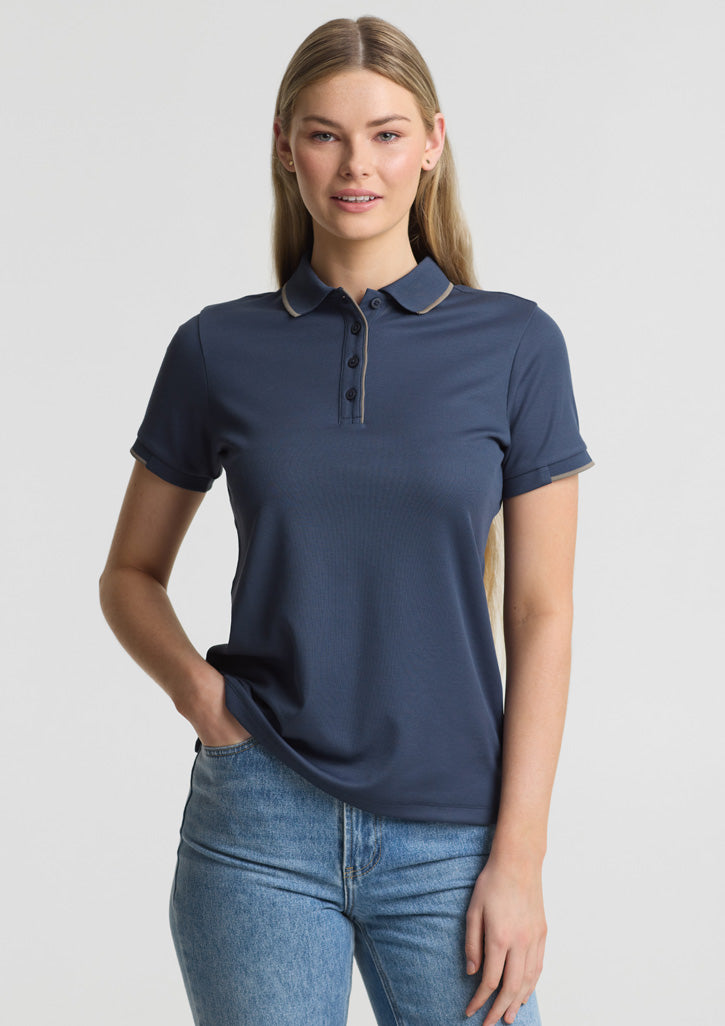 Biz Collection Womens Focus Short Sleeve Polo - Storm Blue/Taupe