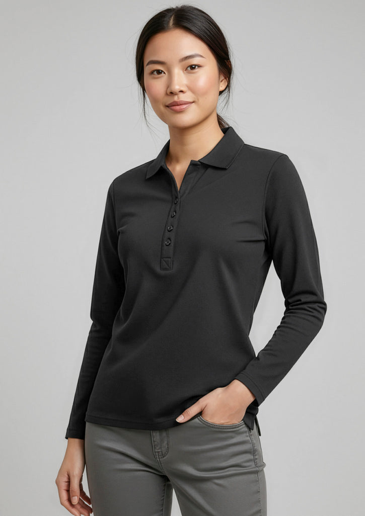 Biz Collection Womens Crew Long Sleeve Polo - Black