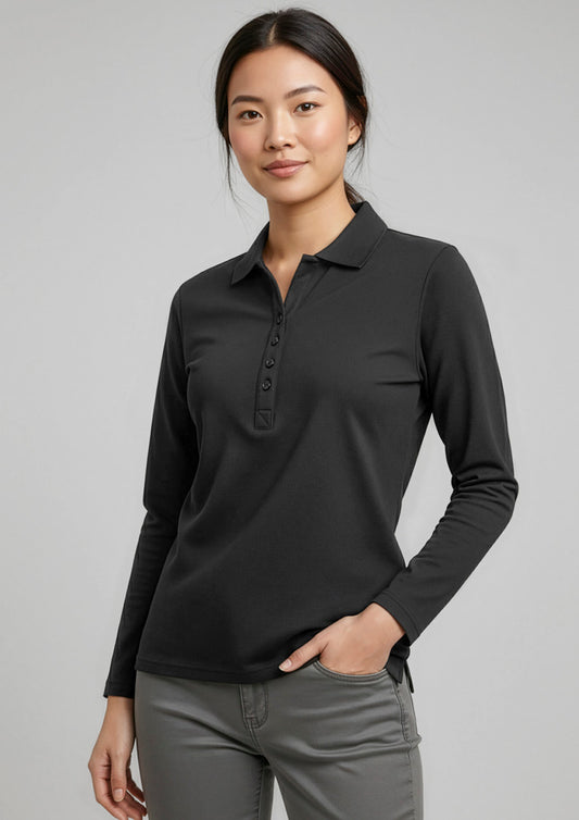 Biz Collection Womens Crew Long Sleeve Polo - Black