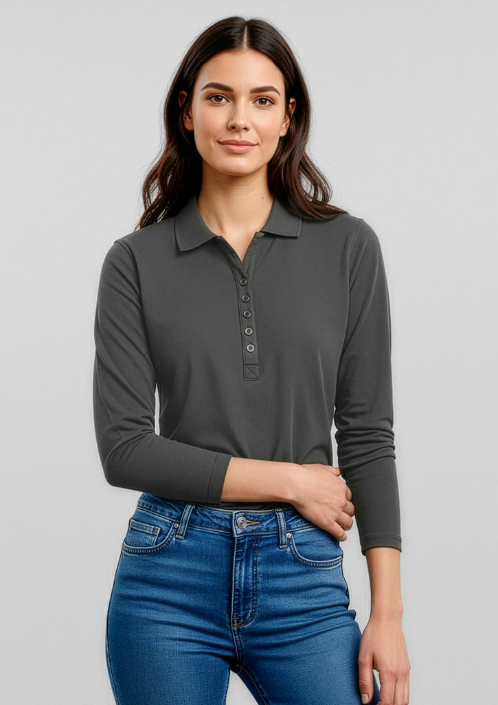Biz Collection Womens Crew Long Sleeve Polo - Charcoal